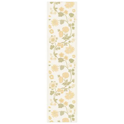 Solbacka bordslöpare 35x140 cm med blommönster i gult och grönt, vävd i ekologisk bomull från Ekelund