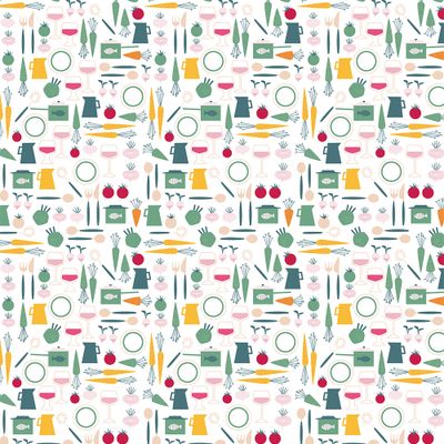 Dinner grön tyg visat över hela tygets bredd med upprepat retro köksmönster på ljus botten.