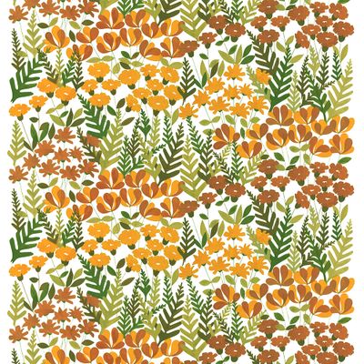 Täckt vy över Täppan gul textilmönster, med tätt blommotiv i orange, gult, brunt och grönt mot vit botten.