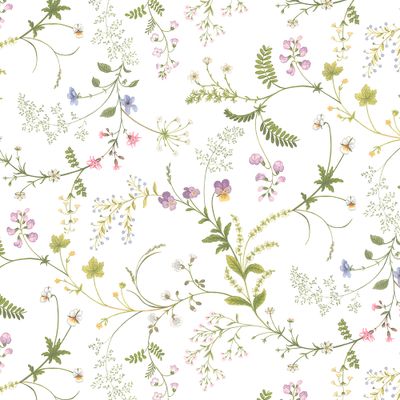 Textilvaxduk med snirkligt mönster med blad och blommor i milda färger.