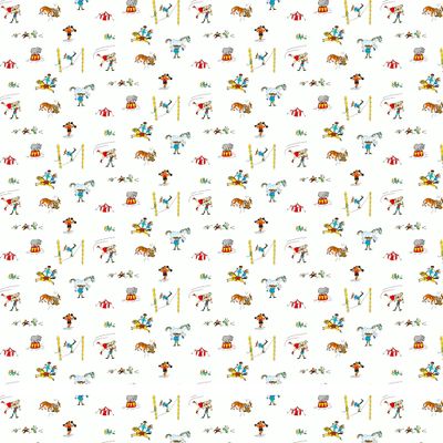 Närbild på Pippi på cirkus tyg med färgglada illustrationer av Pippi, tigrar, hästar och cirkusliv. Astrid Lindgren design.