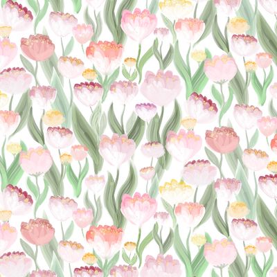 Blommigt tyg i rosa, puder och gröna toner på ljus botten.