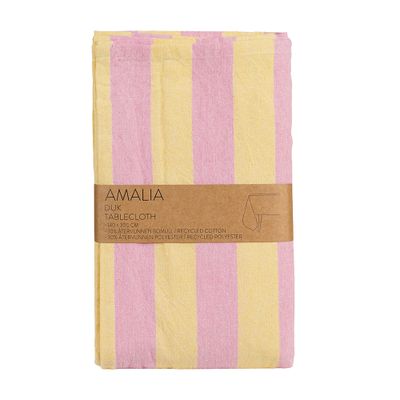 Gul och rosa randig bordsduk Amalia i återvunnet material, 140x300 cm