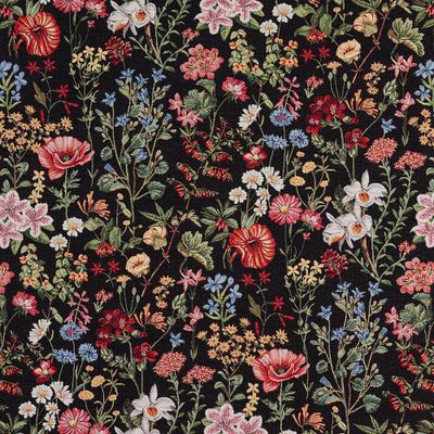 Översiktsbild av Josephine svart gobeläng med tätt blommönster i rött, rosa, blått och grönt på svart botten.