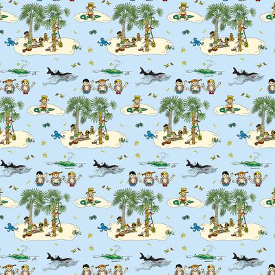 Mönstrat bomullstyg Kurrekurreduttön blå med Pippi Långstrump, palmer, pirater och djur på ljusblå botten
