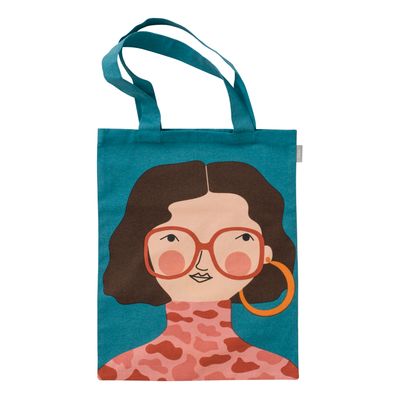 Petrol tygkasse med tryckt illustration av Hedda - en kvinna med glasögon, rosiga kinder och stort örhänge