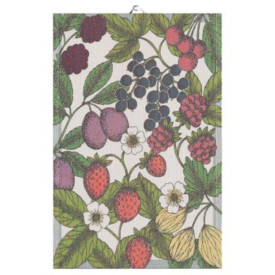 Ekelunds ekologiska handduk 'Trädgårdsbär', designad av Betty Svensson, med ett rikt bär-mönster.