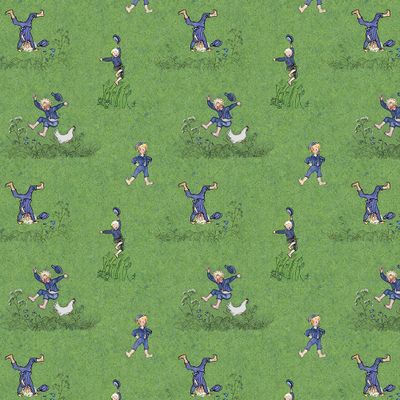 Mönstrat bomullstyg Emils Glädjeskutt grön med Emil i Lönneberga i glada hopp på grön botten