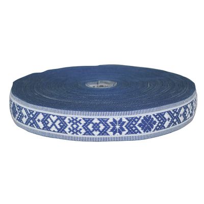 Hemslöjdsband Allmoge blå bomullsband för dekoration i hemslöjds stil i blått och vitt, tillverkade i Sverige.