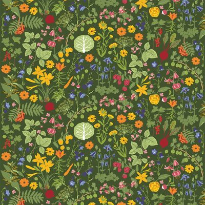 Bomullstyg på metervara vackert tryck med grön botten och färgglada blommor, bär och grönsaker.