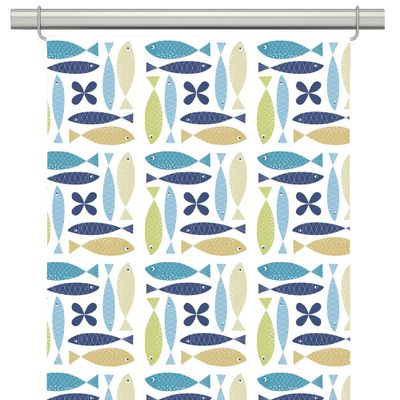 Panelgardiner med retro fiskmönster i turkos, blått och grönt på ljus botten