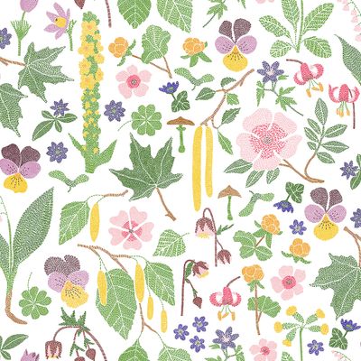 Blommigt tyg med flerfärgat botaniskt mönster där trycket ser broderat ut