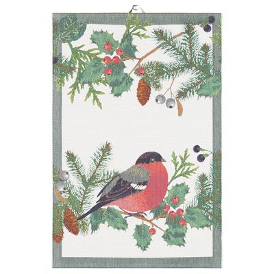 Kökshandduk med domherremotiv bland grankvistar och bär, tillverkad i 100% ekologisk bomull av Ekelund i Sverige.
