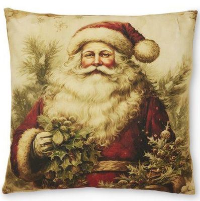 Kuddfodral med vintage-inspirerat tryck av en klassisk jultomte i röd dräkt och vintergrönska