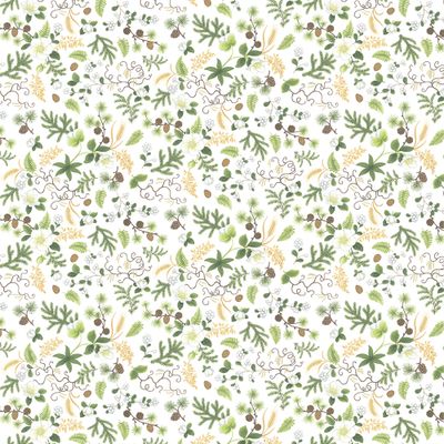 Plattvy över det botaniska mönstret Barr & Blom med granbarr, ormbunkar och blommor i grönt och vitt.