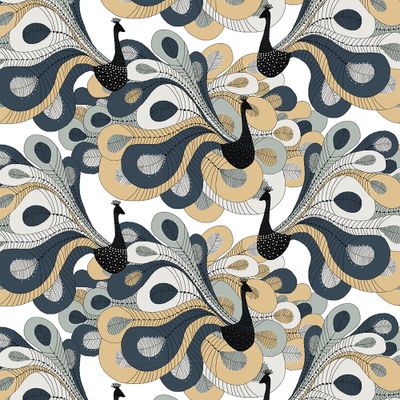 Populära påfågel mönster från Louise Videlyck nu i gråa toner och beige. Tyget gör sig perfekt till gardiner, dukar och kuddar.