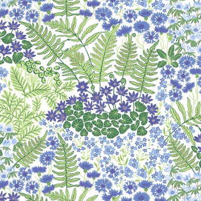 Ljusblått metervara med blå blommor och gröna blad – Blå Blom