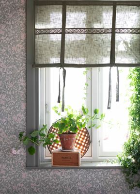 Sanna grön hissgardin med dekorativt spets upphänd i fönster