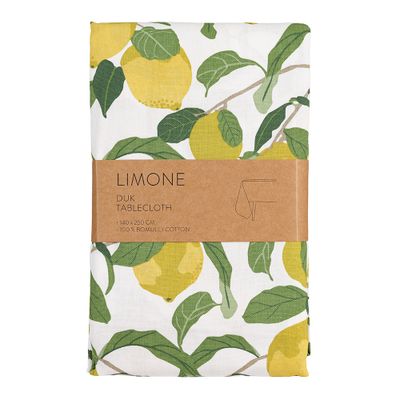 Limone bordsduk i 100% bomull med ett livfullt citronmönster i gult och grönt på vit bakgrund. Perfekt för en somrig och fräsch dukning vid alla tillfällen.