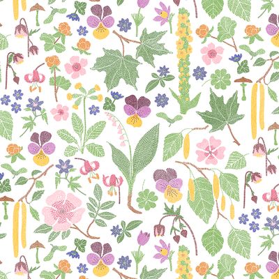 Detaljbild av Kungsljus multi tyg med nordiska blommor, blad och växter i grönt, rosa, gult och lila på ljus botten.