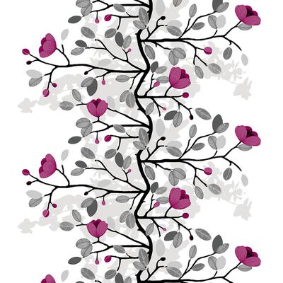 Gardin och inredningstyg med blommor i cerise på vit botten från Arvidssons Textil.