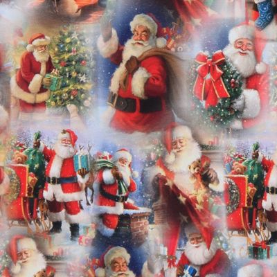 Trikåtyg med jultomten och julgranar.