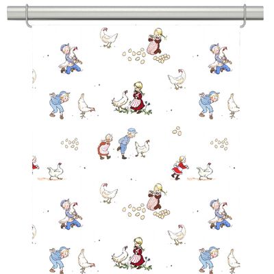 Panelgardiner med Emil och Ida i hönsgården, där lekfulla scener med höns och ägg syns mot ljus botten.