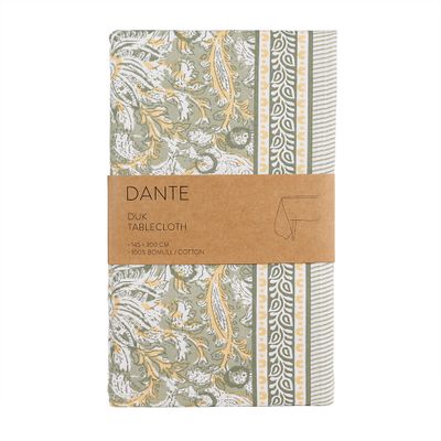 Grön bordsduk Dante i 100 procent bomull med mönster och dekorativa bårder
