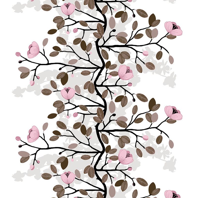 Ofelia rosa metervara -  tyg från arvidssons textil med vit botten och blommönster i mitten rosa och grått.
