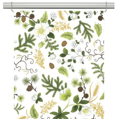 Barr & Blom panelgardin, visar botaniskt mönster i grönt och gult mot offwhite botten.