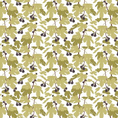 Fikonträd ljusgrön tyg som visar hela tygets bredd med återkommande fikonmönster