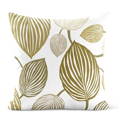 Kuddfodral med bladmönster i olivgrönt på ljus botten