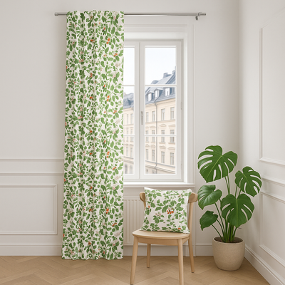 Lägenhet med Oxel offwhite tyg som kudde och gardin