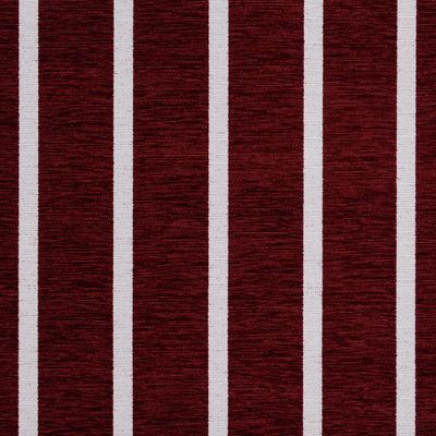 Närbild av randigt möbeltyg i röd och naturvit färg