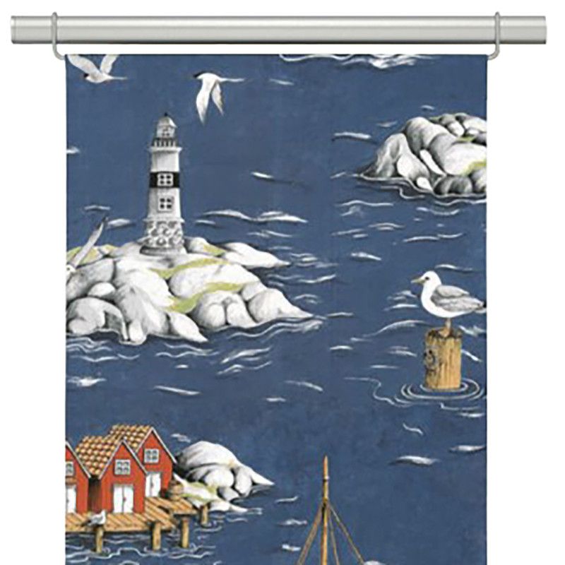 Fiskeskär blå panel panelgardin från Arvidssons textil med ett mönster med fiskebåtar på blå botten