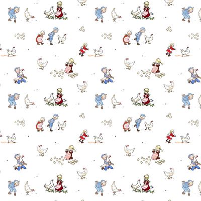 Mönstrat bomullstyg Emil & Ida i Hönsgården vit med Emil, Ida och höns från Emil i Lönneberga