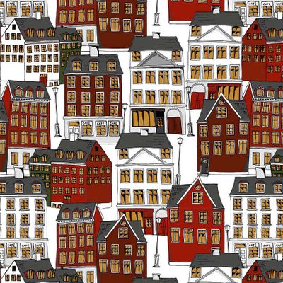 Gamlastan vinröd underbart mönster med byggnader och hus - Rosahuset.com