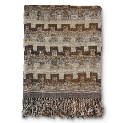 Evangeline pläd i ull- och silkeblandning med grafiskt mönster i beige, bruna och grå toner samt fransar