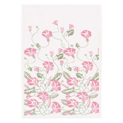 Ekologisk kökshandduk med rosa blomtryck, GOTS-certifierad, tillverkad i Sverige.