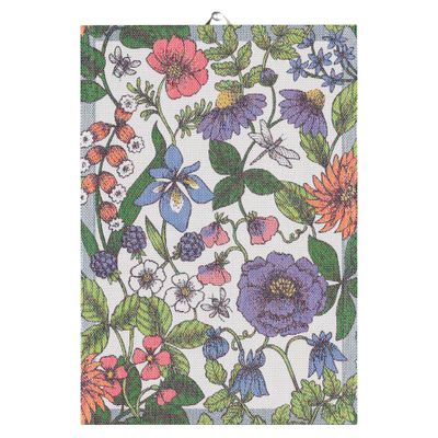 Handduk 'Flora' med ett rikt mönster av nordiska vildblommor i livfulla färger på ekologiskt tyg, GOTS-certifierad.