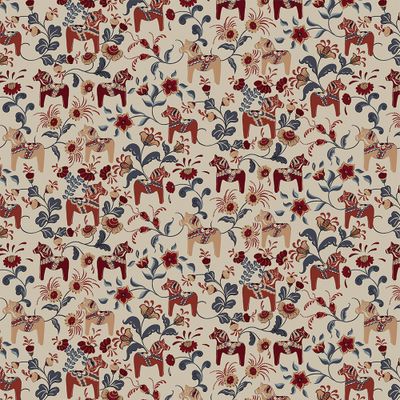 Leksand culla röd tyg som visar hela tygets bredd med dalahästar och blomster på linnefärgad botten