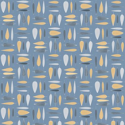 Under trädet blå bomullstyg med bladmönster visat över hela tygets bredd