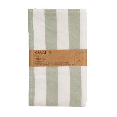 Lindgrön och vit randig bordsduk Amalia i återvunnet material, 140x300 cm