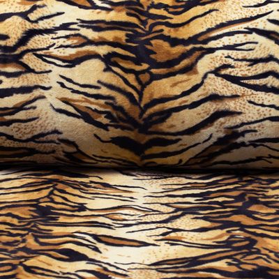 Mjukt tiger mönstrat korthårtig pälstyg, för sömnad av kläder, maskerad, käpphäst och inredning.