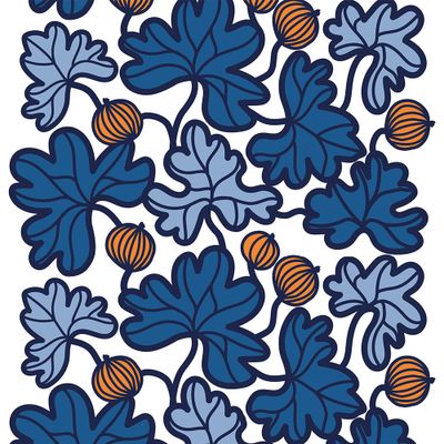Härligt mönster med blå blad och orange bär på offwhite botten. Coolt färgstarkt mönster som passar perfekt för gardiner, tygtavla eller duk.