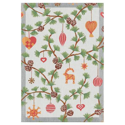 Kökshandduk med julmotiv av grankvistar, hjärtan, kottar och dekorationer i rött, grönt och guld. Tillverkad i 100% ekologisk bomull av Ekelund i Sverige.