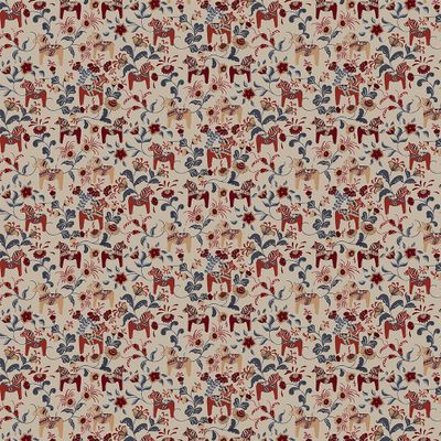 Småmönstrat tyg Leksand Mini culla röd med dalahästar och blommor i rött och blått på linnefärgad botten