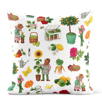Kuddfodral med färgglada illustrationer av blommor, frukt, grönsaker och trädgårdsscener på ljus bakgrund