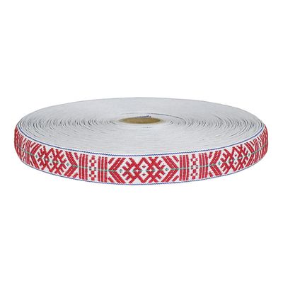 Hemslöjdsband Vika röd bomullsband för dekoration i hemslöjds stil i vitt, rött, blått och grönt tillverkade i Sverige.