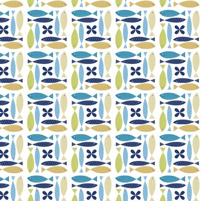 Närbild av Fina fisken turkos tyg med lekfullt fiskmönster i turkos, blått, grönt och sandfärgat.